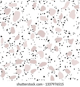 Terrazzo flooring vector seamless pattern on white background. Texture with black stones, quartz, granite, glass