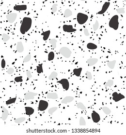 Terrazzo flooring vector seamless pattern on white background. Texture with black stones, quartz, granite, glass