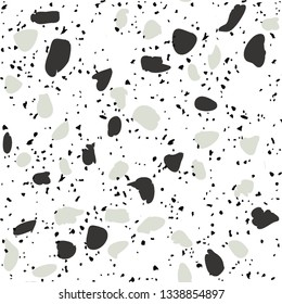 Terrazzo flooring vector seamless pattern on white background. Texture with black stones, quartz, granite, glass