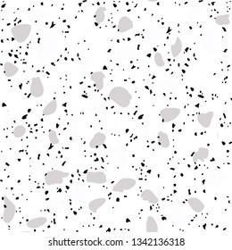 Terrazzo flooring vector seamless pattern on white background. Texture with black stones, quartz, granite, glass