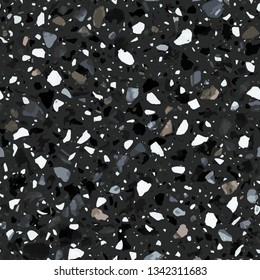 Terrazzo flooring vector seamless pattern in dark colors. Classic italian type of floor in Venetian style composed of natural stone, granite, quartz, marble, glass and concrete