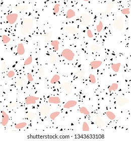 Terrazzo flooring vector seamless pattern on white background. Texture with black stones, quartz, granite, glass