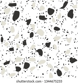 Terrazzo flooring vector seamless pattern on white background. Texture with black stones, quartz, granite, glass