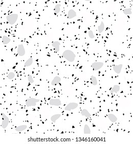 Terrazzo flooring vector seamless pattern on white background. Texture with black stones, quartz, granite, glass