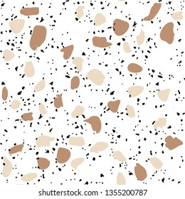Terrazzo flooring vector seamless pattern on white background. Texture with black stones, quartz, granite, glass