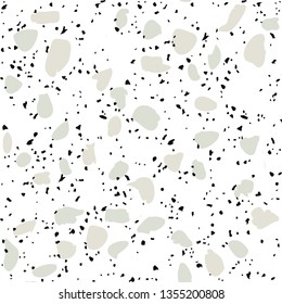 Terrazzo flooring vector seamless pattern on white background. Texture with black stones, quartz, granite, glass