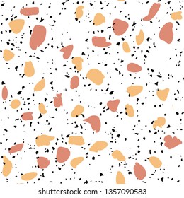 Terrazzo flooring vector seamless pattern on white background. Texture with black stones, quartz, granite, glass