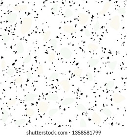 Terrazzo flooring vector seamless pattern on white background. Texture with black stones, quartz, granite, glass