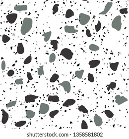 Terrazzo flooring vector seamless pattern on white background. Texture with black stones, quartz, granite, glass