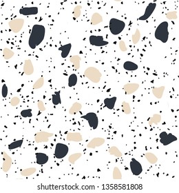 Terrazzo flooring vector seamless pattern on white background. Texture with black stones, quartz, granite, glass