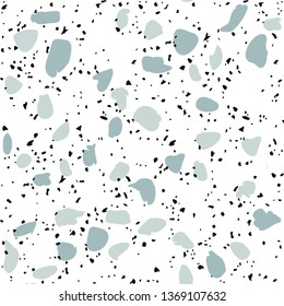 Terrazzo flooring vector seamless pattern on white background. Texture with black stones, quartz, granite, glass