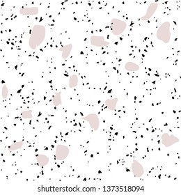 Terrazzo flooring vector seamless pattern on white background. Texture with black stones, quartz, granite, glass