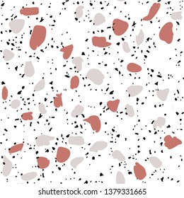Terrazzo flooring vector seamless pattern on white background. Texture with black stones, quartz, granite, glass
