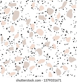 Terrazzo flooring vector seamless pattern on white background. Texture with black stones, quartz, granite, glass