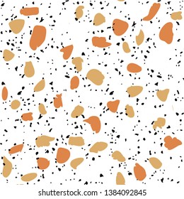 Terrazzo flooring vector seamless pattern on white background. Texture with black stones, quartz, granite, glass
