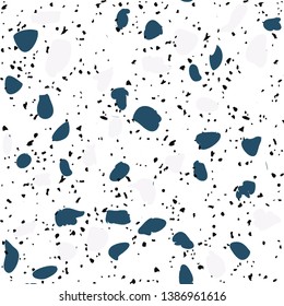 Terrazzo flooring vector seamless pattern on white background. Texture with black stones, quartz, granite, glass
