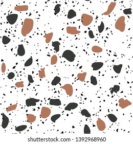 Terrazzo flooring vector seamless pattern on white background. Texture with black stones, quartz, granite, glass
