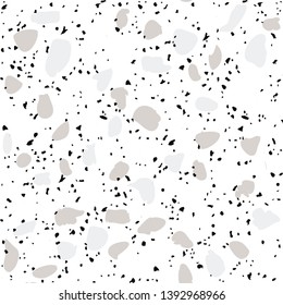 Terrazzo flooring vector seamless pattern on white background. Texture with black stones, quartz, granite, glass