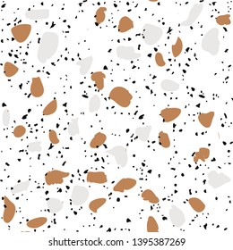 Terrazzo flooring vector seamless pattern on white background. Texture with black stones, quartz, granite, glass