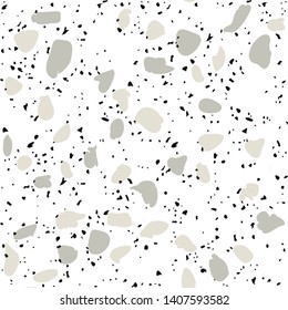 Terrazzo flooring vector seamless pattern on white background. Texture with black stones, quartz, granite, glass