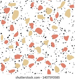Terrazzo flooring vector seamless pattern on white background. Texture with black stones, quartz, granite, glass