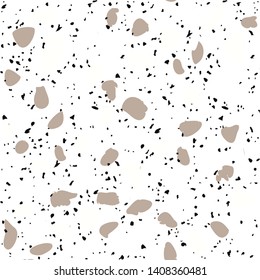Terrazzo flooring vector seamless pattern on white background. Texture with black stones, quartz, granite, glass