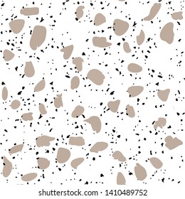 Terrazzo flooring vector seamless pattern on white background. Texture with black stones, quartz, granite, glass