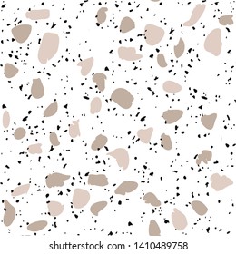 Terrazzo flooring vector seamless pattern on white background. Texture with black stones, quartz, granite, glass