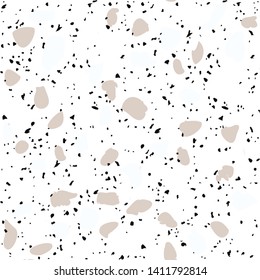 Terrazzo flooring vector seamless pattern on white background. Texture with black stones, quartz, granite, glass