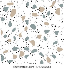 Terrazzo flooring vector seamless pattern on white background. Texture with black stones, quartz, granite, glass