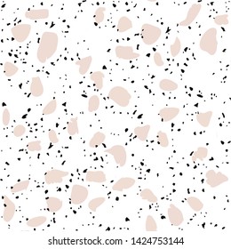 Terrazzo flooring vector seamless pattern on white background. Texture with black stones, quartz, granite, glass