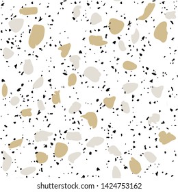 Terrazzo flooring vector seamless pattern on white background. Texture with black stones, quartz, granite, glass
