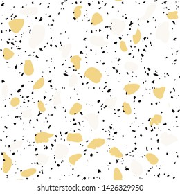 Terrazzo flooring vector seamless pattern on white background. Texture with black stones, quartz, granite, glass