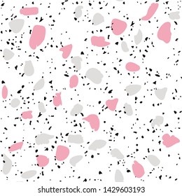 Terrazzo flooring vector seamless pattern on white background. Texture with black stones, quartz, granite, glass