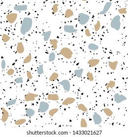 Terrazzo flooring vector seamless pattern on white background. Texture with black stones, quartz, granite, glass