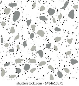 Terrazzo flooring vector seamless pattern on white background. Texture with black stones, quartz, granite, glass