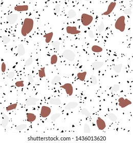 Terrazzo flooring vector seamless pattern on white background. Texture with black stones, quartz, granite, glass