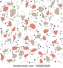 Terrazzo flooring vector seamless pattern on white background. Texture with black stones, quartz, granite, glass