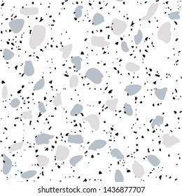 Terrazzo flooring vector seamless pattern on white background. Texture with black stones, quartz, granite, glass