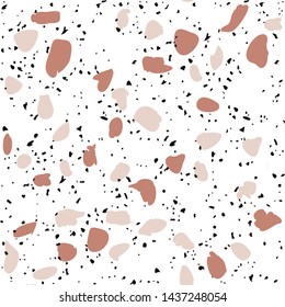 Terrazzo flooring vector seamless pattern on white background. Texture with black stones, quartz, granite, glass