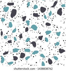 Terrazzo flooring vector seamless pattern on white background. Texture with black stones, quartz, granite, glass
