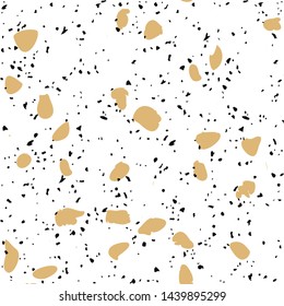 Terrazzo flooring vector seamless pattern on white background. Texture with black stones, quartz, granite, glass