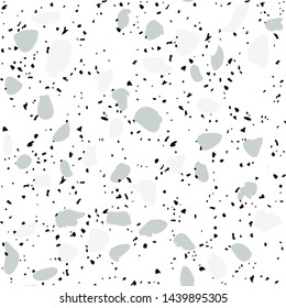 Terrazzo flooring vector seamless pattern on white background. Texture with black stones, quartz, granite, glass