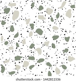 Terrazzo flooring vector seamless pattern on white background. Texture with black stones, quartz, granite, glass