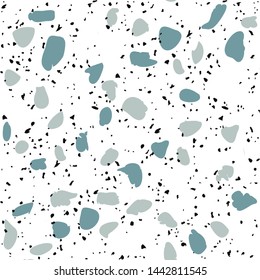 Terrazzo flooring vector seamless pattern on white background. Texture with black stones, quartz, granite, glass