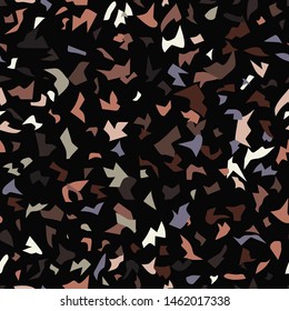 Terrazzo flooring vector seamless pattern in earth colors on black background. Classic Italian type of floor in Venetian style composed of natural granite stone or quartz, icon
