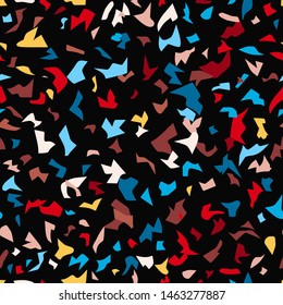 Terrazzo flooring vector seamless pattern in bright colors on black background. Classic italian type of floor in Venetian style composed of natural stone, granite, quartz, marble, glass and con