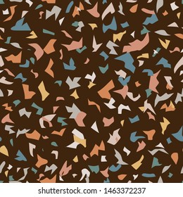 Terrazzo flooring vector seamless pattern on brown background.Classic italian type of floor in Venetian style composed of natural stone, granite, quartz, marble, glass and concrete. Pink, blue, yellow