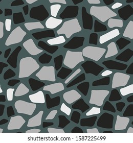 Terrazzo flooring vector seamless pattern in dark grey colors. Classic italian type of floor in Venetian style composed of natural stone, granite, quartz, marble, glass and concrete