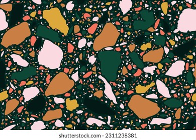Terrazzo flooring vector seamless pattern in dark colors. Classic italian type of floor in Venetian style composed of natural stone, granite, quartz, marble, glass and concrete